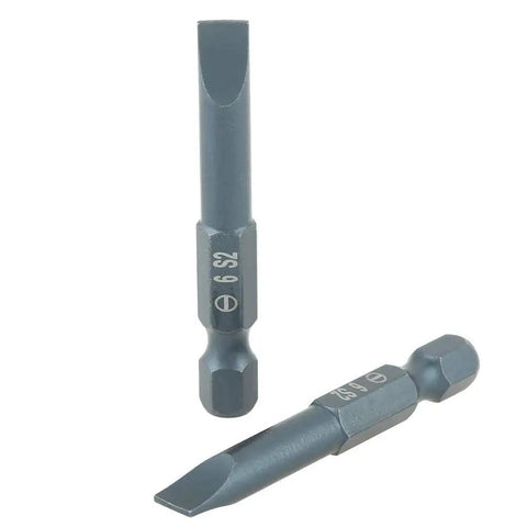 Top Tier Slotted Screwdriver Bits Set With 10 Pieces Featuring Tough S2 Alloy Steel, Magnetic Hold, And 1/4 Inch Hex Shank Perfect For Heavy Duty Drilling And Pro Tool Kits. Two slotted S2 steel bits with 1/4 inch hex shank
