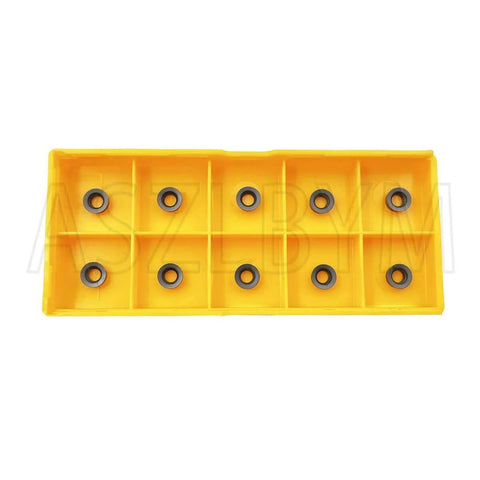 Yellow plastic organizer tray holding ten round carbide inserts.