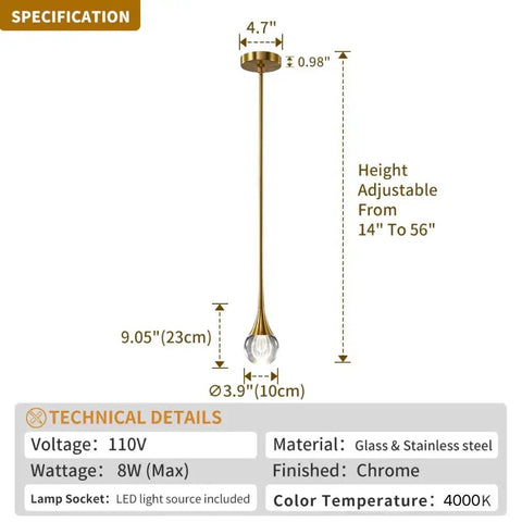 Gold Globe Teardrop Crystal Mini Pendant Light For Kitchen And Dining, Dope 1 Light LED Fixture With Adjustable Height details