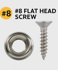 Two stainless steel fasteners: #8 flat-head screw and finish washer (304 SS)