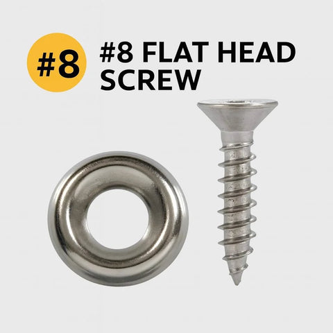 Two stainless steel fasteners: #8 flat-head screw and finish washer (304 SS)