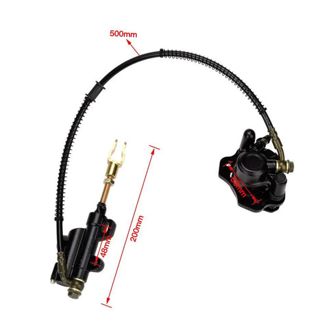 Beefy Rear Disc Brake Master Cylinder Caliper Assembly For Tao Tao Coolster And 50cc To 125cc Chinese ATVs shown with measurements