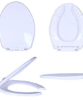 No Slamming Quiet Close Open Front Elongated Bathroom Seat With Quick Release Hardware and Top Mount Frame in white.