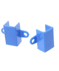 Side view of blue plastic mounting brackets for 12mm micro gear motors; two shown