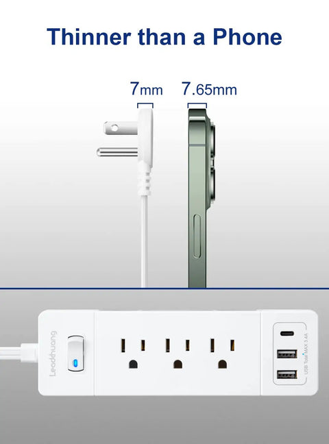 Ultra Flat Power Strip With 3 AC Outlets, 2 USB A Ports, 1 USB C Port, 1875W Surge Protector shown thinner than a smartphone.