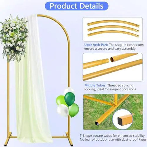 Six Foot Arch Backdrop Stand For Balloons And Garlands, Sturdy Metal Wedding Frame With Square Base Ground Nails, Easy Setup Gold Finish