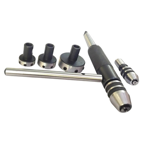 Pro 8-Piece Mt2 Lathe Tailstock Tap And Die Holder Combo Kit With Precision Morse Taper Shank, Full Tapping Set, Stop Handle, Premium Wooden Box For Serious Machinists. MT2 tap holder set with stop handle and shank