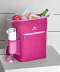 "Madeleine Midi Backpack Soft Cooler That Holds 20 Cans, Keeps Drinks Cold All Day, Insulated Travel Backpack With Zipper, 14.8 Quarts, Shoulder Straps, BPA Free, Recycled Polyester, Rose Quartz, shown open with contents"
