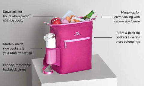 "Madeleine Midi Backpack Soft Cooler That Holds 20 Cans, Keeps Drinks Cold All Day, Insulated Travel Backpack With Zipper, 14.8 Quarts, Shoulder Straps, BPA Free, Recycled Polyester, Rose Quartz, shown open with contents"
