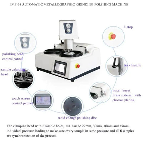 Automatic Metallographic Grinder Polisher Benchtop Machine For Pro Grade Specimen Prep with control panel and polishing head