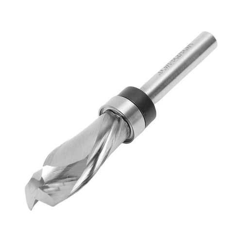 Heavy Duty Spiral Router Bit With Premium Tungsten Steel Build For Smooth Plywood And Melamine Board Slotting Plus Efficient Chip Removal In Flush Trim Design With 1/4 Inch Shank For DIY Pros, close-up view.
