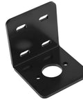 L-shaped DC motor mounting bracket, front view; black metal with vertical plate and large base hole.