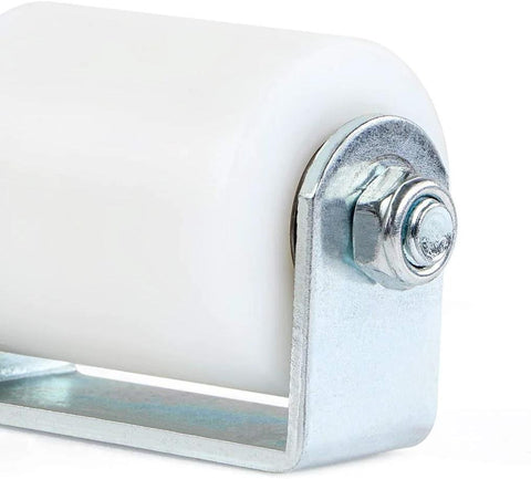 Close-up of Gate Guide Roller 2.5 Inch UHMW Nylon Sliding Gate Guider with metal bracket and ball bearing side roller.