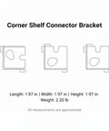 Illustration of Built Tough Corner Shelf Connector Bracket for Standard Angle Steel and Wood Shelving, dimensions listed