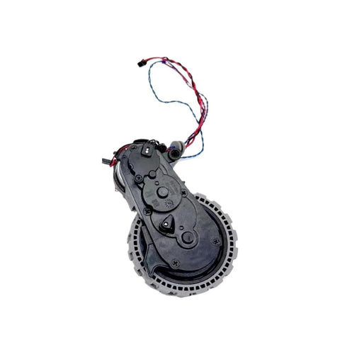 Wheel assembly for Ecovacs Deebot robot vacuum, with black housing, gray toothed wheel and colored wiring