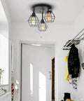 Industrial Dope Pull Chain Ceiling Light Fixture With Black Metal Cage Semi Flush Mount Three Light Edison E26 Steampunk Vibe for Entryway