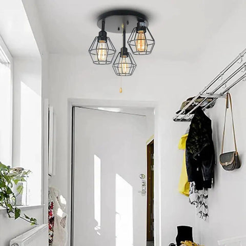 Industrial Dope Pull Chain Ceiling Light Fixture With Black Metal Cage Semi Flush Mount Three Light Edison E26 Steampunk Vibe for Entryway
