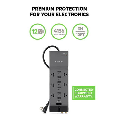 Power Strip Surge Protector With 12 Outlets and 10 Ft Flat Plug Heavy Duty Extension Cord for Home Office Travel Desktop Computer Laptop and Phone Charging