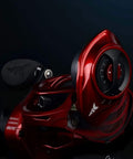 Red magnetic brake wheel fishing reel, ergonomic design, visible side cover, for smooth outdoor casting, no protruding buttons.