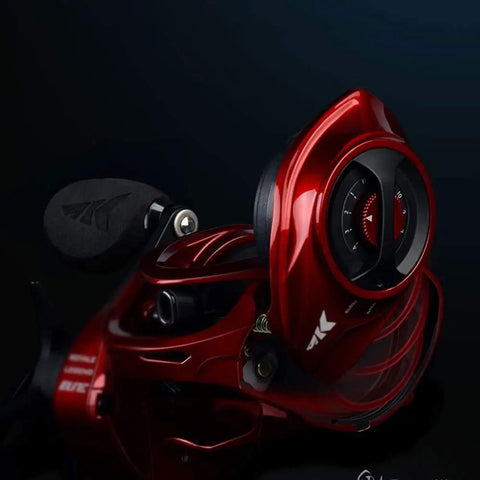 Red magnetic brake wheel fishing reel, ergonomic design, visible side cover, for smooth outdoor casting, no protruding buttons.