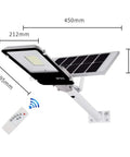 JUDYSSY 100W Solar Street Light with remote, dimensions 450mm x 350mm x 495mm, waterproof aluminum design, suitable for outdoor use.