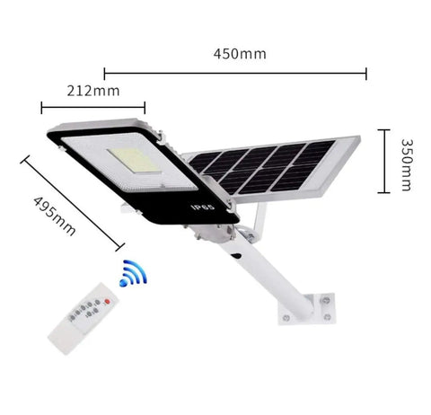 JUDYSSY 100W Solar Street Light with remote, dimensions 450mm x 350mm x 495mm, waterproof aluminum design, suitable for outdoor use.