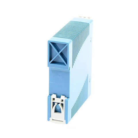 Rugged Industrial Grade 5V 2A DIN Rail Power Supply 10W With Wide Input 85 To 264VAC Or 120 To 370VDC, Fully Regulated Output UL508 Certified With TUV EAC BSMI ASNZS, Ideal For Factory Automation And Continuous Duty Use. Blue DIN rail power supply with vented housing and terminal base