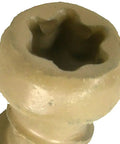 Close-up of tan star drive composite deck screws pre drilled countersunk top view for wood polymer decking.