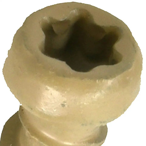Close-up of tan star drive composite deck screws pre drilled countersunk top view for wood polymer decking.