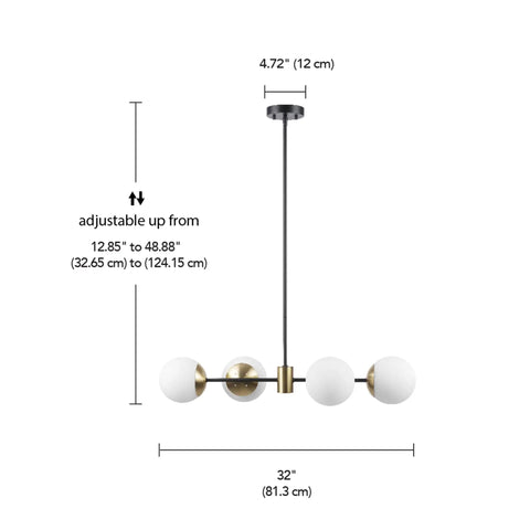 Four Light Convertible Flush Mount Chandelier With Matte Black Finish, Brass Accents And Opal Glass Shades, side view.