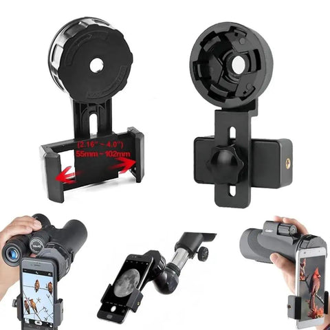 Universal Smartphone Camera Adapter For Spotting Scopes And Telescopes With Quick Alignment Lets You Snap Clear Shots On Any Binocular Or Monocular Cell Phone Mount For Easy Grab And Go Optics Setup shown in black with various phone attachments.