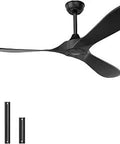 60 Inch Outdoor Ceiling Fan With Remote Control And Reversible DC Motor For Patio Bedroom Living Room Black Finish Energy Efficient And Ultra Quiet For Indoors Or Outdoors, showing black fan with mount and extension rods