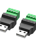 Two Pack USB 2.0 Type A Male To Four Pin Screw Terminal Connectors, 300V 8A, Nickel Plated, Built Tough For Power Testing, Keyboard, Mouse, Camera And Other DIY Electronics Projects, shown with green screw terminals