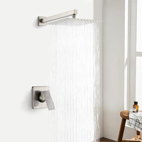 Lux Rainfall Shower System With 10 Inch Square Shower Head Brushed Nickel Finish Single Handle Valve Included All Metal Solid Brass Rough In Kit