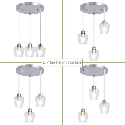 Three Light Pendant Lighting With Clear Glass And Adjustable Silver Cord In Brushed Nickel for kitchen islands.