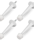 Hefty Zinc Die Cast Door Stops Four Pack With Soft Rubber Buffers Knockout Drywall Defender Kickback Guard Flush Mounts To Baseboards Quick Screw Setup Flat White Finish showing four white door stops.