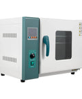 Top Tier Horizontal Electric Blast Drying Oven 45 Liter Capacity Includes Built Legit Uniform Heating Circuit And Hella Fast Digital Temperature Adjustment For Lab Work side view with control panel and transparent door.