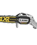 Close-up of Powerful 20V Max XR Pole Saw With Fifteen Foot Reach For Tree Trimming Tackle Tall Limbs Brushless Motor and chain