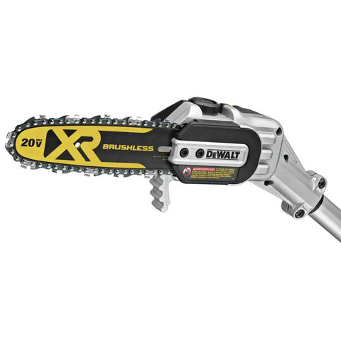 Close-up of Powerful 20V Max XR Pole Saw With Fifteen Foot Reach For Tree Trimming Tackle Tall Limbs Brushless Motor and chain