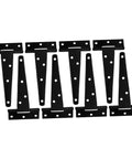 Image of 8 Pack 5 Inch Black Painted Galvanized T Shape Weld On Exterior Door Hinges For Mobile Homes Sheds Garages And Cabinets Durable Rust Resistant No Fuss Easy Install For Heavy Duty Exterior Doors arranged evenly on a white background.