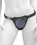 Kickass Adjustable Strap On Harness For Couples Heavy Duty Durable Comfort Fit With Easy Quick Release Buckles and Secure Waist Belt, black nylon harness on mannequin.