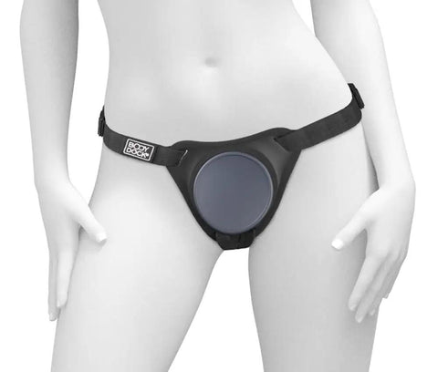 Kickass Adjustable Strap On Harness For Couples Heavy Duty Durable Comfort Fit With Easy Quick Release Buckles and Secure Waist Belt, black nylon harness on mannequin.
