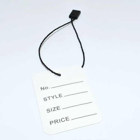 Heavy Duty Nylon Hang Tag Strings With Self Locking Quick Snap Binders 7 Inch straight tag with black nylon cord for retail labeling.