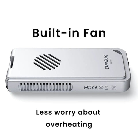 USB4 NVMe Enclosure With Active Cooling Fan And Solid Aluminum M.2 SSD Case For Mac iPad Pro showing built-in fan design.