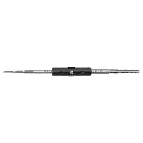 Double Sided 6 In 1 Tap Tool With Comfortable Handle For 6 32 8 32 10 32 10 24 12 24 And 1 4 20 Thread Sizes shown flat