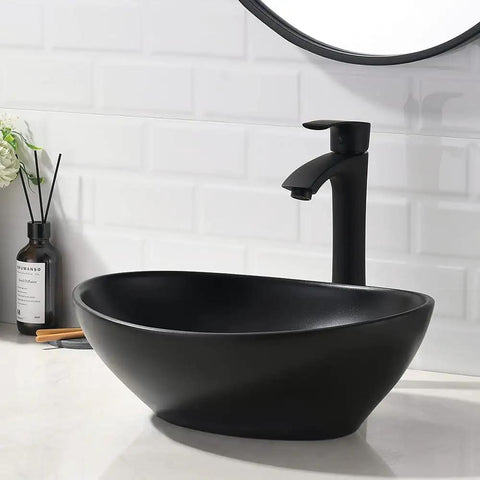 Rectangle Vessel Sink With Matte Black Exterior And White Interior, 19x15 inch above-counter bathroom vanity sink with faucet combo