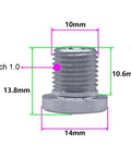 Close-up of Four Aluminum Alloy M10 Bike Rear Derailleur Hanger Bolts Tail Hook Screws with measurements highlighted, showing size and pitch.