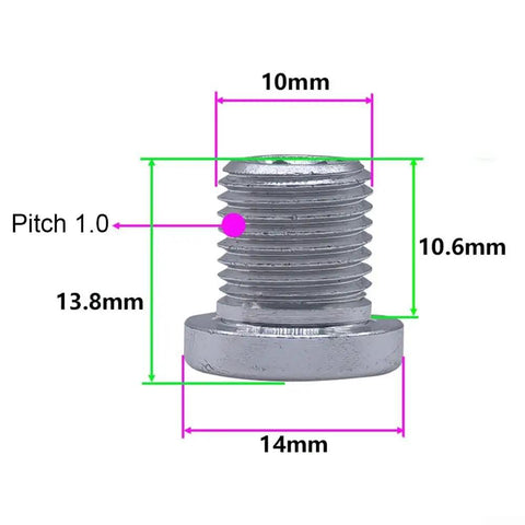 Close-up of Four Aluminum Alloy M10 Bike Rear Derailleur Hanger Bolts Tail Hook Screws with measurements highlighted, showing size and pitch.