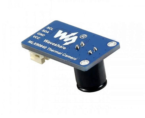Plug And Play 32x24 Pixel Infrared Thermal Camera With 55 Degree Field Of View I2C Interface Three Point Three Volt And Five Volt Compatible Works With Raspberry Pi ESP32 STM32 Arduino For DIY Thermal Imaging close-up view showing blue module and lens