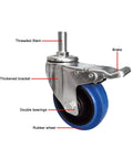 Heavy Duty Caster Wheels With Top Plate Swivel And Brakes, non-marking rubber caster with labeled parts like brake and bearings